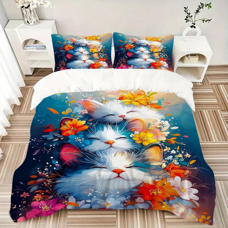 3pcs Two Cats Surrounded by Colorful Flowers Bedding Set - Includes Quilt Cover and Pillowcases, Suitable for All Seasons, Machine Washable