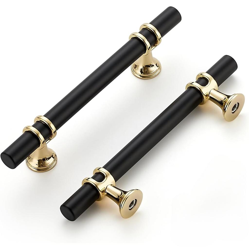 6pack Matte Black Brushed Brass T Bar Cabinet Pulls,Modern Drawer Handles Decorative Hardware for Cabinets Dressers