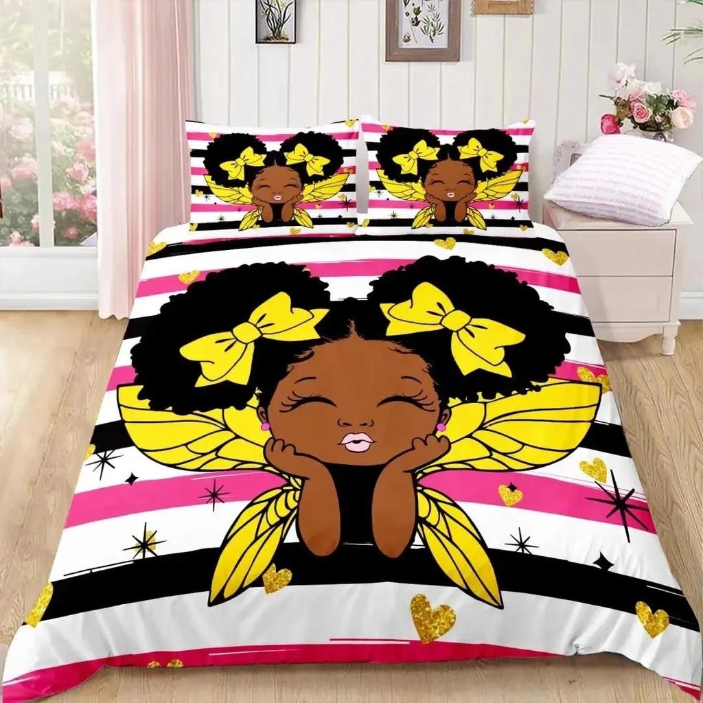 American Black Girl Duvet Cover Set,Black Girl Magic Bedding Set Full Size,Cute Little Afro Black Princess Comforter Cover Sets