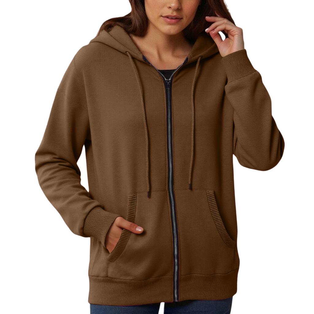Women's Loose And Comfortable Zipper V-neck Long Sleeved Solid Color Pullover Sweatshirt Jacket