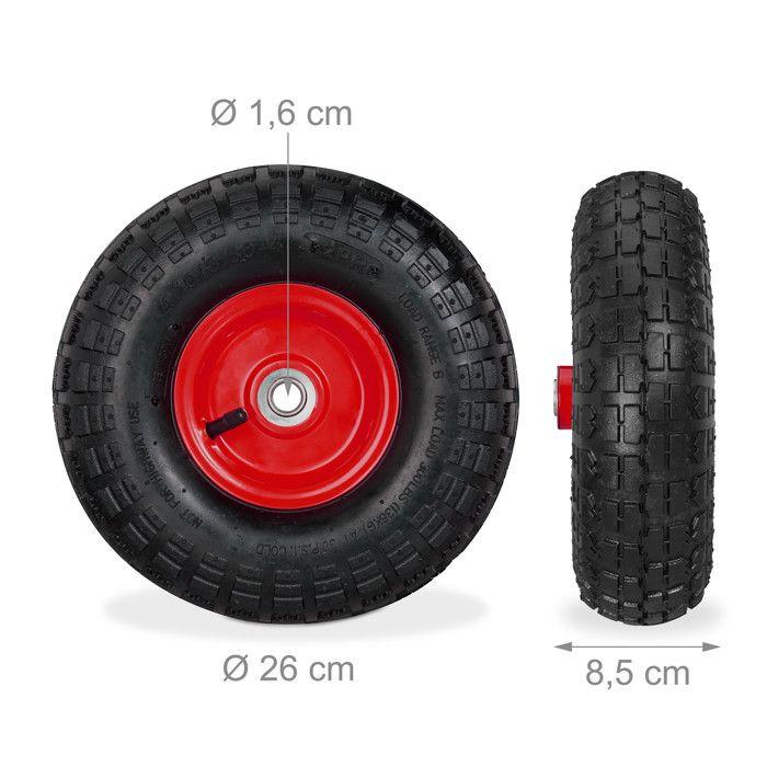 Relaxdays 2 roues pour diable 4.1/3.5-4, avec air, axe de 136 mm, jusqu’à 136 kg, jantes acier 260x85 mm, noir-rouge
