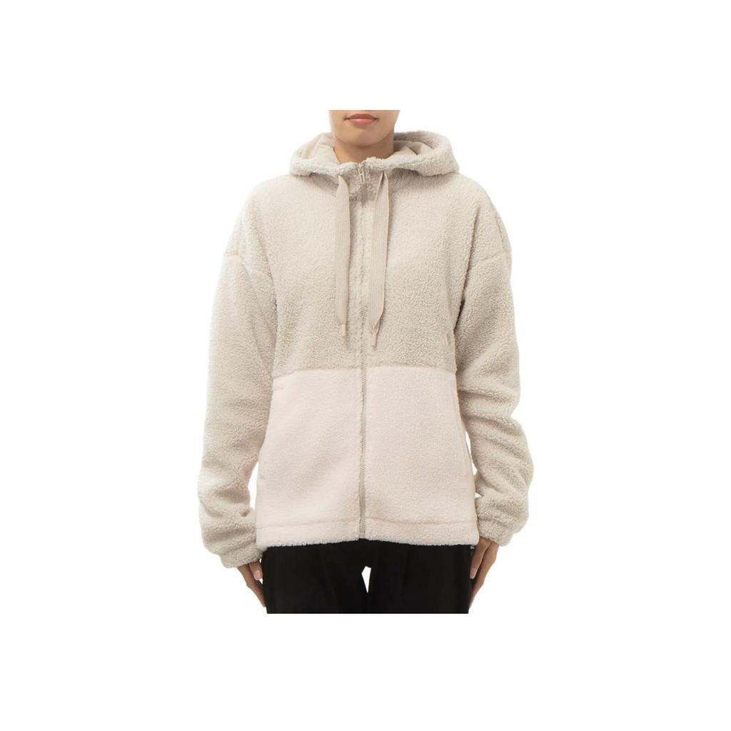adidas Color Block Loose Fit Zip Up Hooded Drawstring Fleece Jacket Women Jackets Beige IK9863