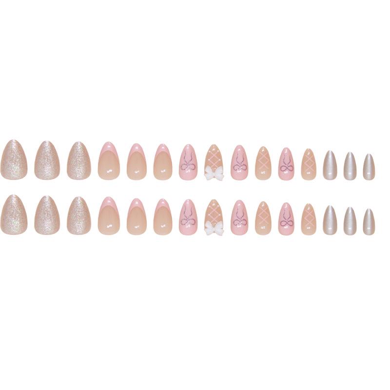 Sweet Pink Bow French Manicure Removable Nail Patches - Wearable, Solid Color, Ins Style False Nails