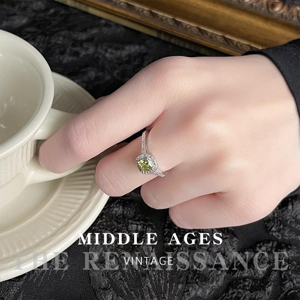 Olive green zircon and ring geometric plated real white gold fat square index finger ring