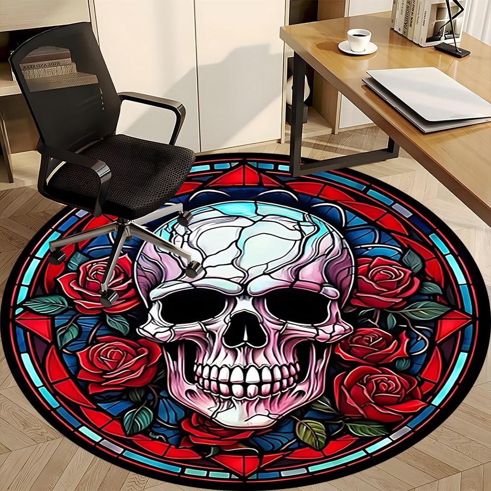 1pc Skull Roses Office Round Area Rug, Under Office Chairs Bedroom Living Room Home Decor, Room Deco