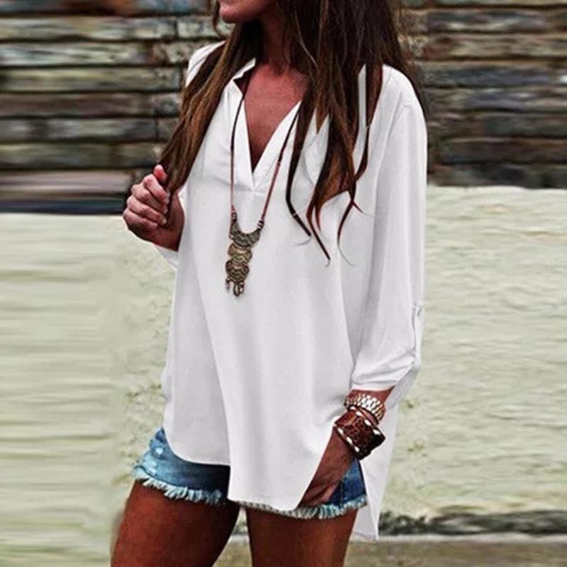 Stylish Women Vneck Short Sleeve Tshirt With Casual Irregular Hem Loose Fit Blouse