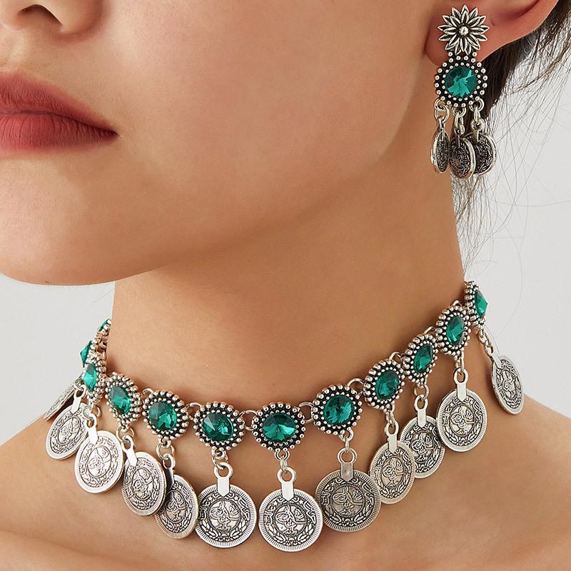 Modieuze Retro Midden-Oosterse Stijl Sprankelende Diamant Munt Vrouwen Sieraden Set - Ketting & Oorbellen