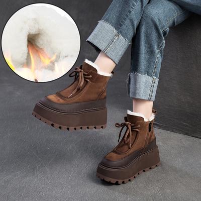 Kurze Stiefel aus Wolle, warm, echtes Leder, Vintage, vielseitige Keilschuhe mit dicker Sohle, Damenschuhe