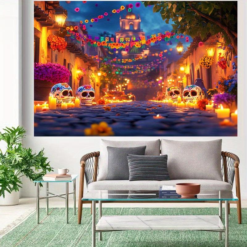 1 Day of the Dead party banner - Bright sugar skull street scene with colorful flowers & lanterns, polyester background fabric
