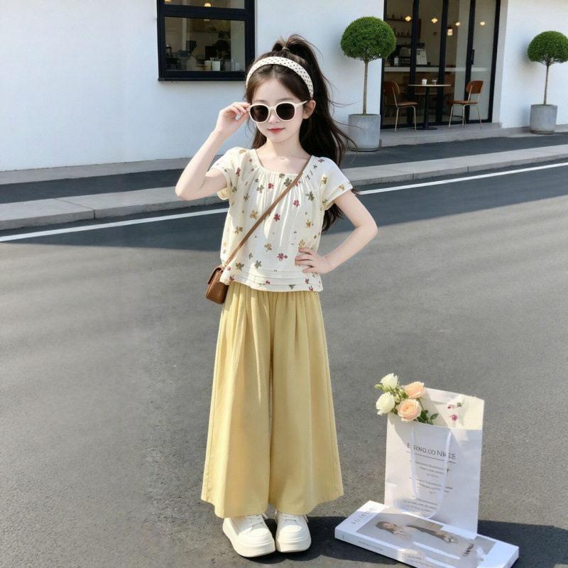 Girls Summer Short Sleeve Floral Shirt and Straight Leg Pants Set 120