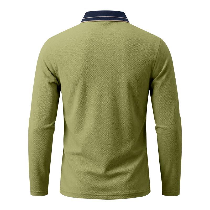 Autumn Mens Solid Long Sleeve Polo Shirt Contrast Striped Lapel Collar Button Placket Breathable Golf Casual Wear Tees