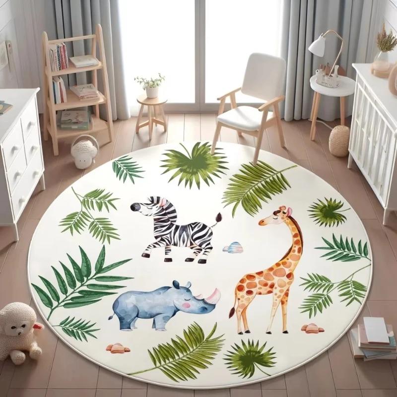 Circular Carpet Zoo Giraffe Elephant Lion Printed Rug Children's Bedroom Bedside Non Slip Foot Mat Home Decoration
