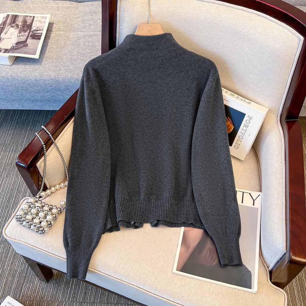 Gray Women's Knitted Sweater, Half-High Collar, Zipper Jacket, 2026 Spring Style - Versatile Base Layer or Outerwear