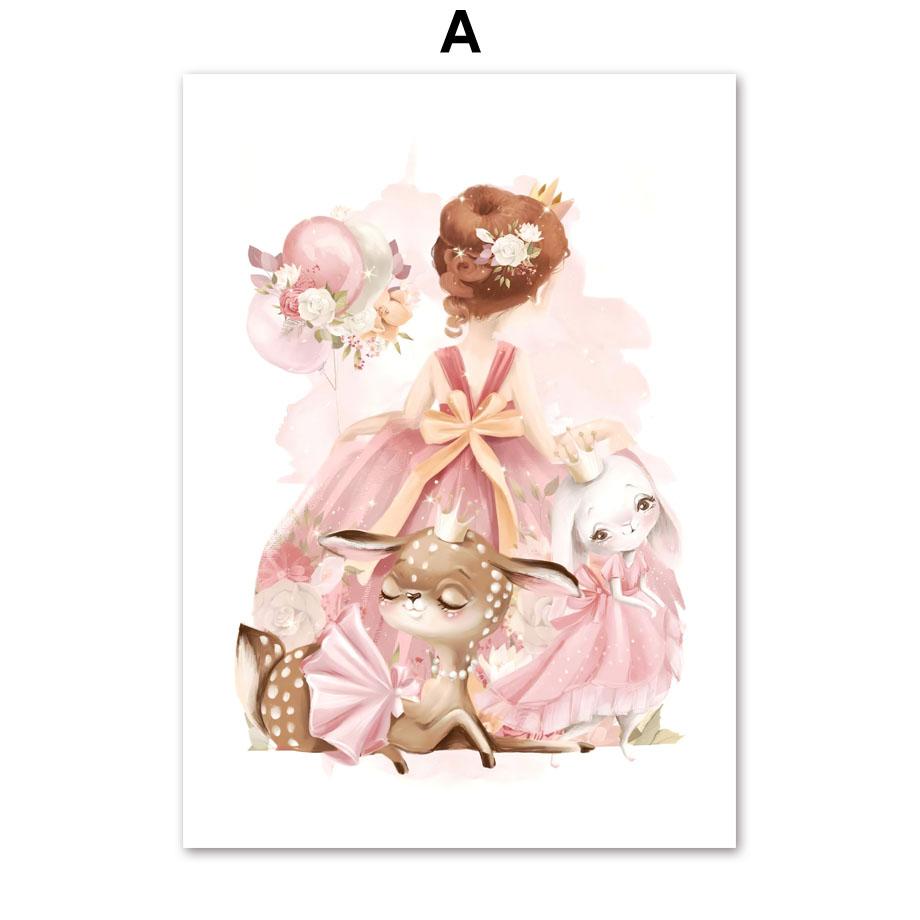Kawaii Fawn Bunny Fox Princess Crown Wall Art Canvas Painting Posters and Prints Nordic Children's Room Decoration Pictures