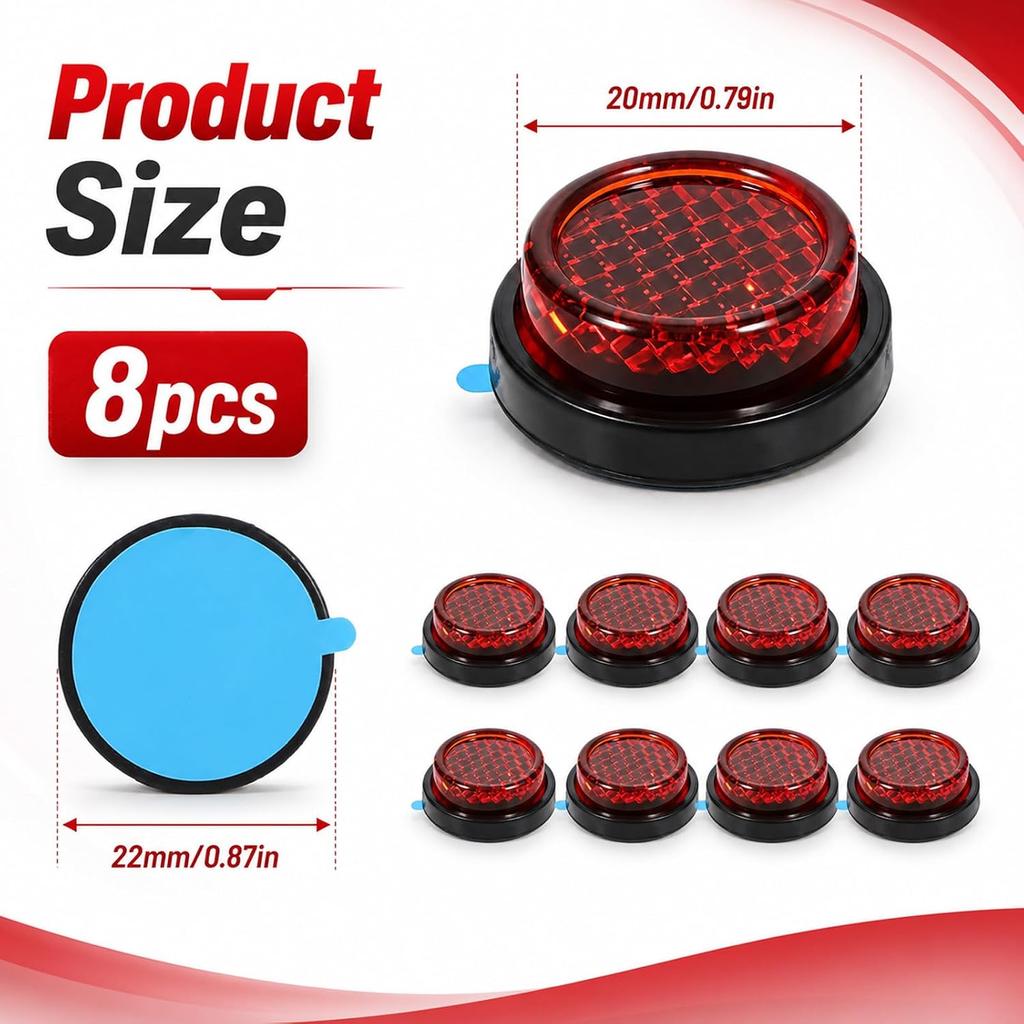 8 Pcs Red Reflectors, 0.79 Inch Round Stick-On Safety Reflectors for Motorcycle Bicycle Trailers Gate Posts (Red)