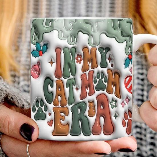 400 ml Kočičí máma Psí máma Vánoční hrnek 3D plochý design Umělecký tisk Velká rukojeť Živá barva Hustý hrnek na kávu