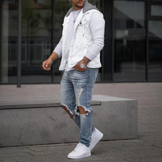 Men Hooded Vest Denim Patchwork Streetwear Autumn Winter Single