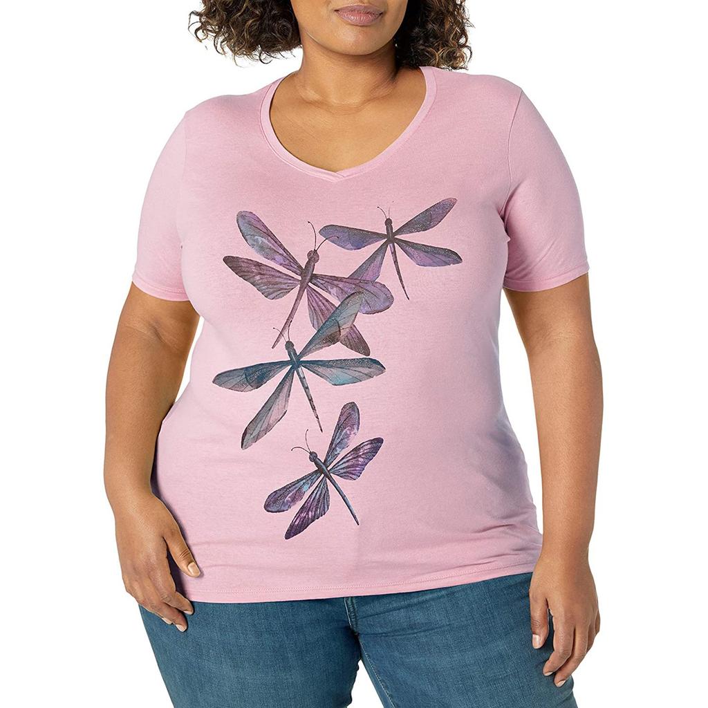 Women's Summer Casual V-Neck Printed Short Sleeve Loose T-Shirt Plus-Size Tank