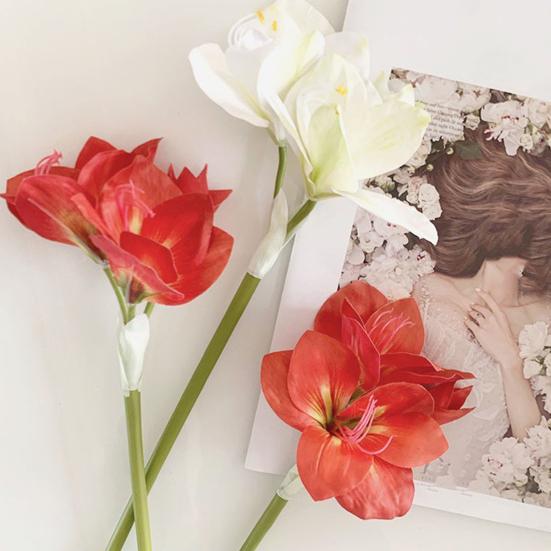 22" Real Touch Künstlicher Amaryllis-Strauß Langer Stiel Seidenblume mit 2 vollen Blüten und 1 Knospe für Haus Büro Vase Blumengestecke