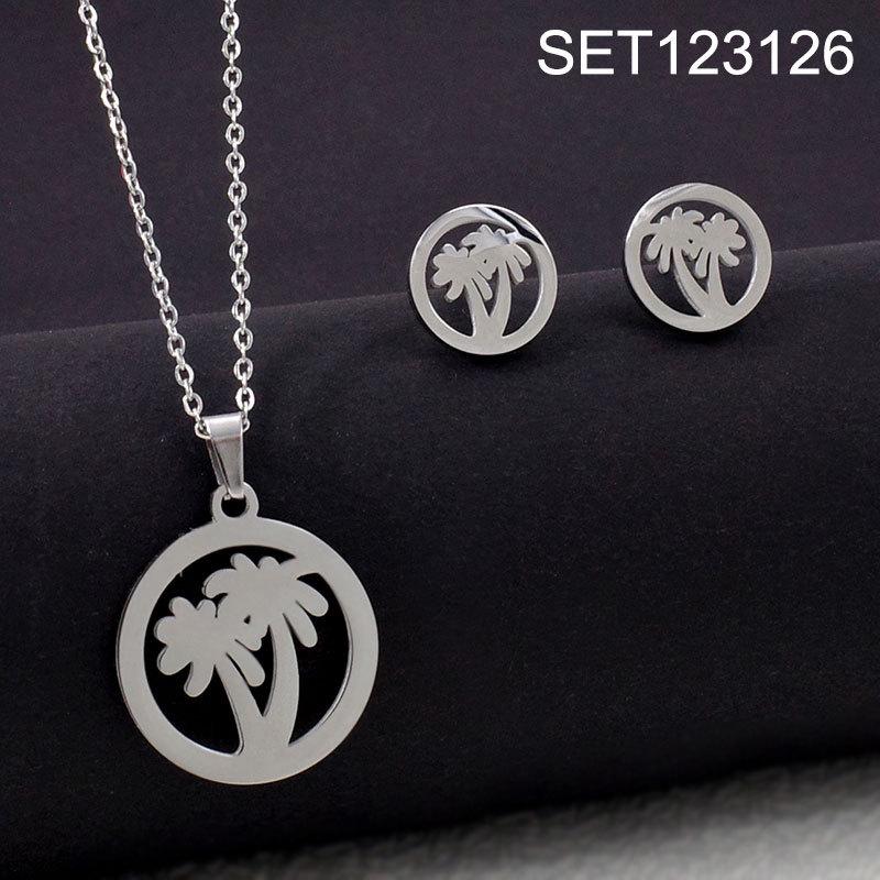Women's Luxury Titanium Steel Necklace & Earring Set: EKG Coconut Tree & Heart Design, Non-Fading Jewelry