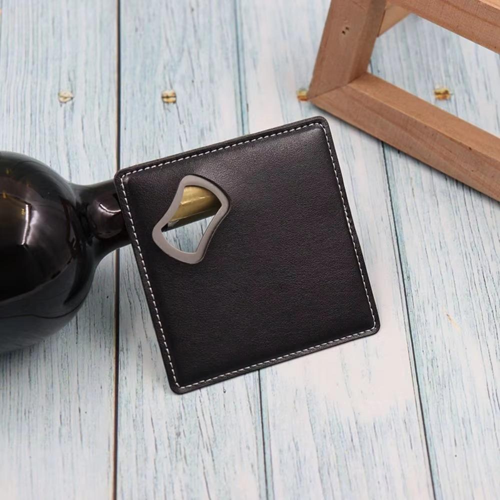 Solid Color Cup Mat PU Leather Bottle Opener Portable Coasters  Gift