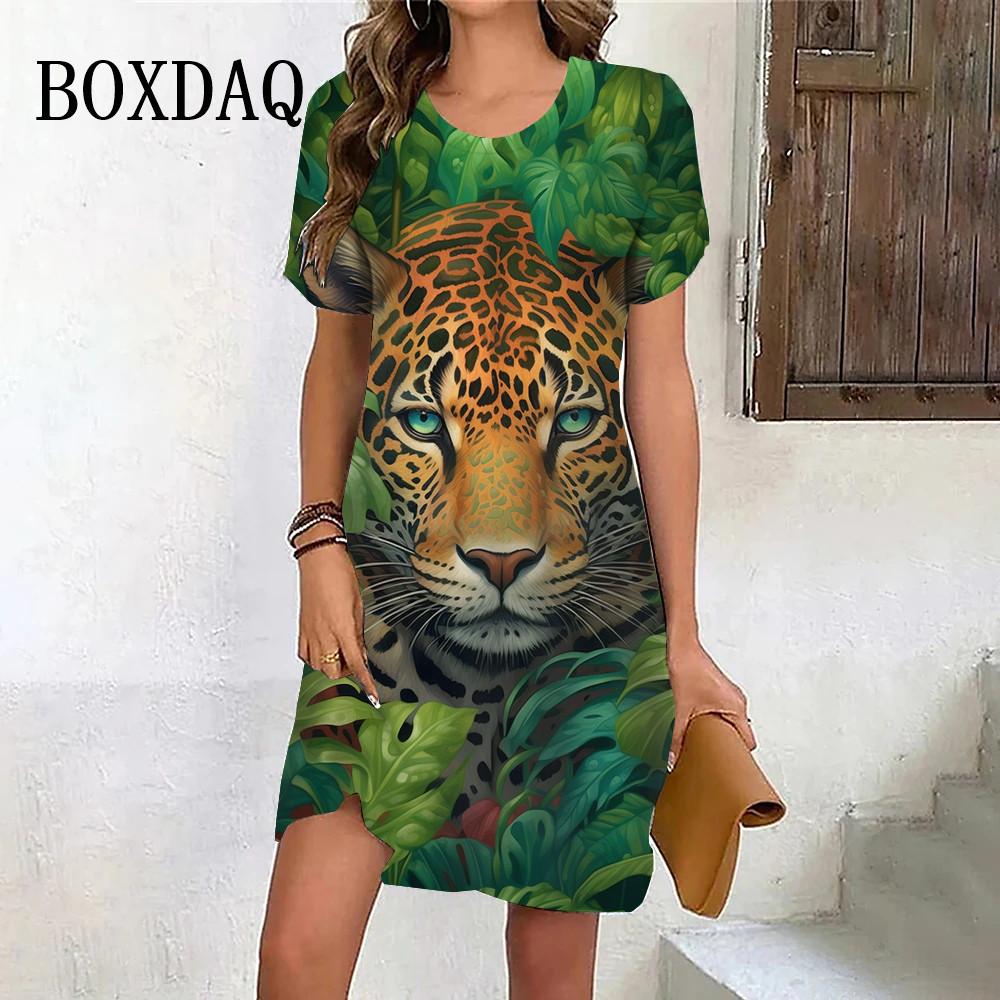 Tiger Graphic Dresses For Women Casual 3D Print Vintage Dress Female Fashion Short Sleeve Dress Summer Clothes S