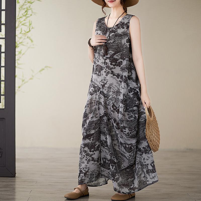 Dimanaf 2025 Nouă Vară Femei Mărimi Mari Rochie Largă Vintage Fără Mâneci Rochie de Soare Basic cu Imprimeu Rochie Lungă Casual Maxi