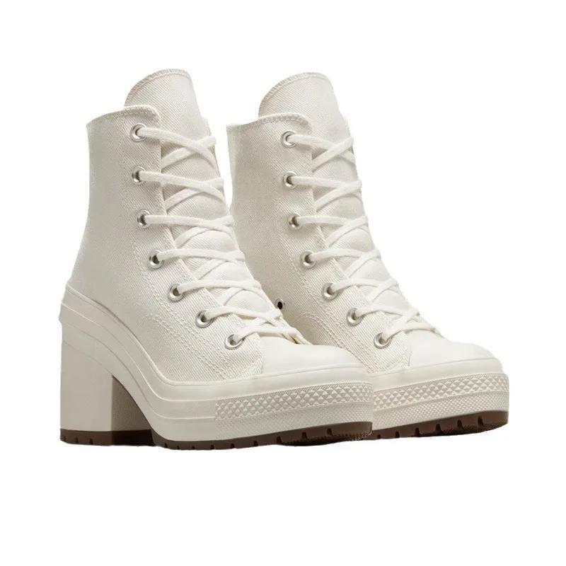 Scarpe di Tela Alte 2025 Nuove Europa e Stati Uniti Tacco Alto Punta Rotonda Cinturino Suola Spessa Scarpe Bianche Piccole