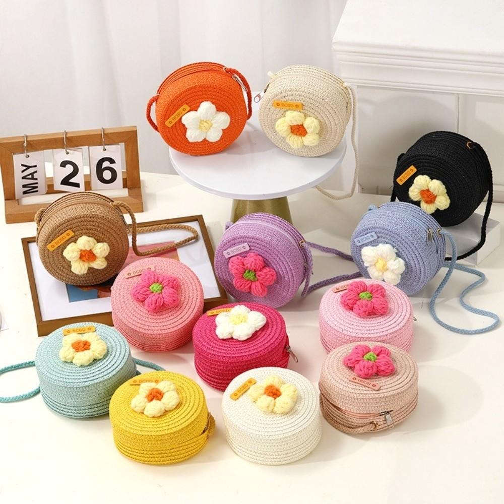 Cute Handmade Straw Bag Flower Shape Woven Shoulder Bag Summer Beach Bag for Children Girls