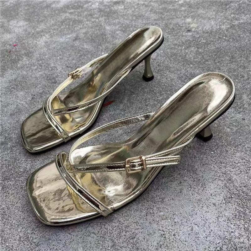 Women Slippers Square Toe Flip Flops Loafers Casual Shoes Woman Heeled Sandals Summer 2025 Trend Luxury Dress Clip Toe Slides