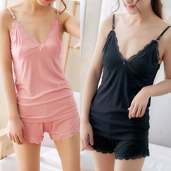 

Fashion Women Lace Splicing V Neck Camisole Top Shorts Sleepwear Pajama Set