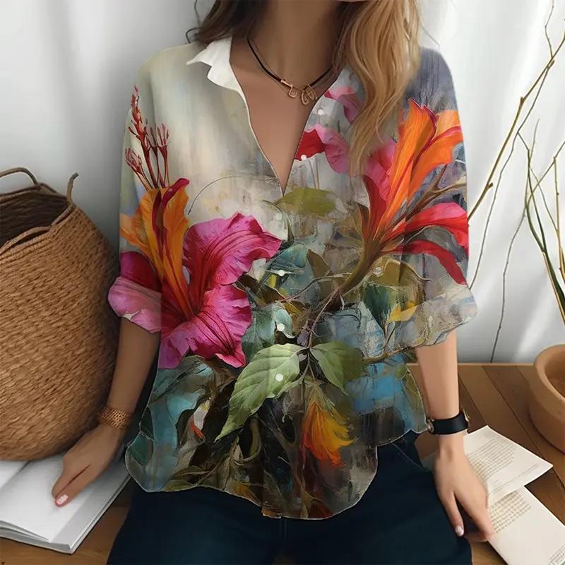 

Elegant Women Shirts Spring Autumn Lapel Blouses Retro Casual Long Sleeve Shirt Floral Print Female Clothing Temperament Tops S
