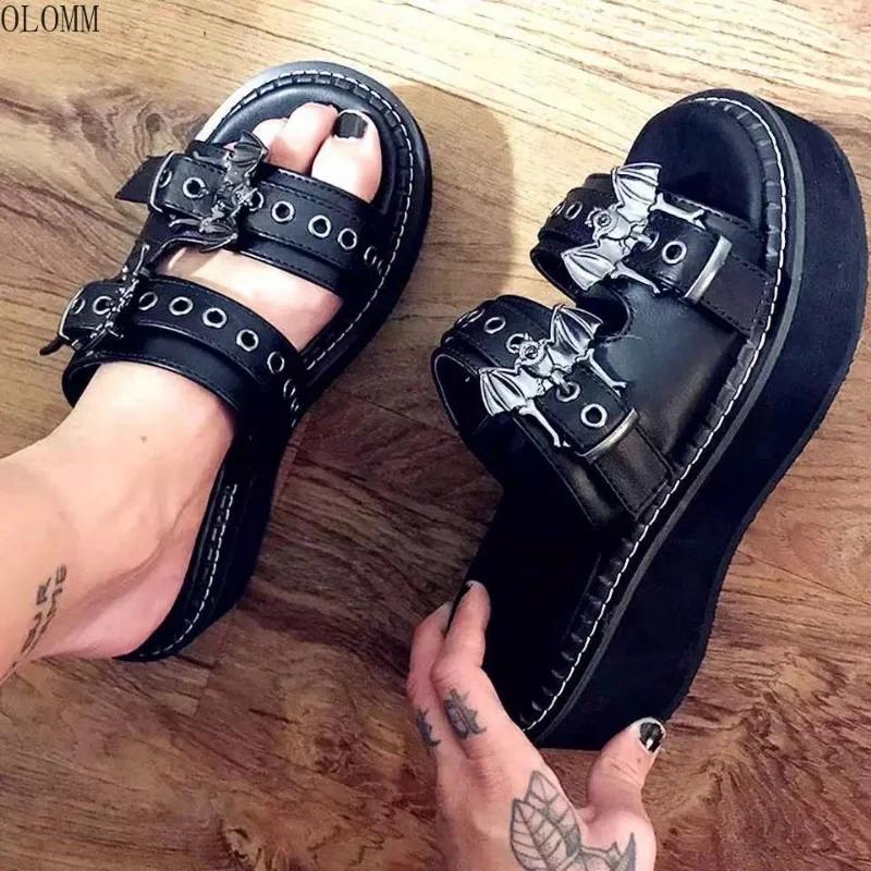 Fashion Gothic punk women's sandals optical wide heel astronomical bat slippers belt decoration 2024 new summer