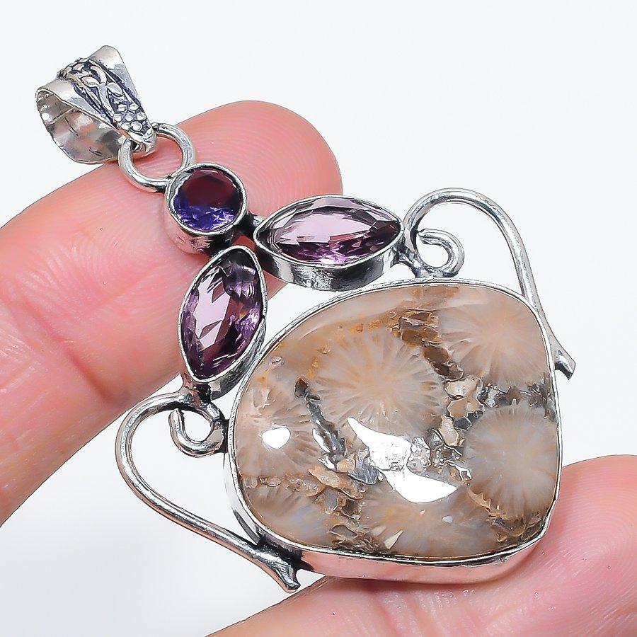

Natural Fossil Coral, Amethyst 925 Sterling Silver Jewelry Pendant 2.25 U9B89