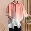 Spring Fall Men Shirt Turn-down Collar Gradient Color Colorblock Half Sleeves Button-down Cardigan Loose Streetwear Young Cargo Style Shirt Coat