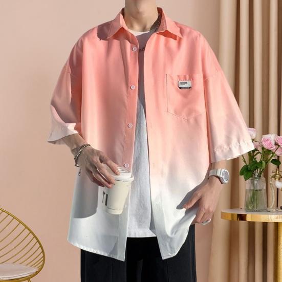 Bahar Sonbahar Erkek Gömlek Yaka Açık Renk Bloklu Yarım Kollu Düğmeli Hırka Bol Sokak Giyim Genç Kargo Tarzı Gömlek Ceket