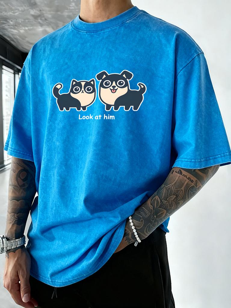 Look At Him Naughty Dog Printed Washed Cotton T Shirt Men Vacation Hip Hop Summer Unisex TShirts Crewneck Loose Streetwear