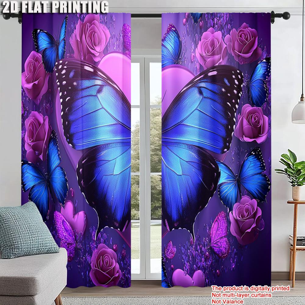 

2Pcs Fantasy Purple Butterfly Flower Printed Window Curtain For Bedroom Office Kitchen Living Room And Study Rod Pocket Window 53x116cm 2pc&Without mount