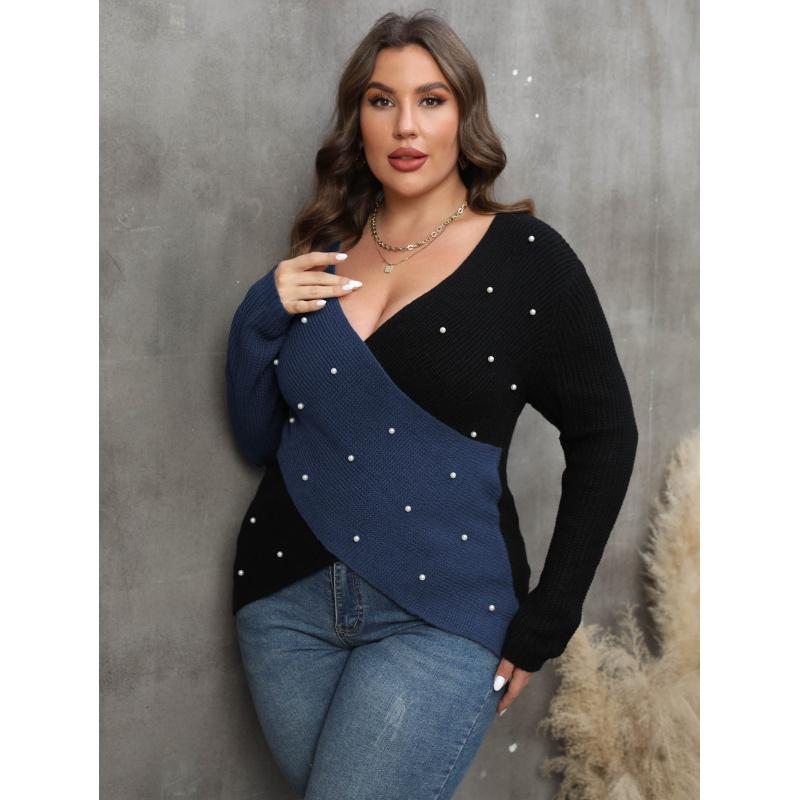 Women's Pearl Top Large Size Women's Contrast Stitching Deep V Cross Sexy Beaded Sweater