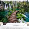 Beautiful Green Nature Tapestry Rainforest Waterfall Landscape with Wooden Bridge Scene - Perfect for Bedroom, Holiday Gift, and Birthday Gift