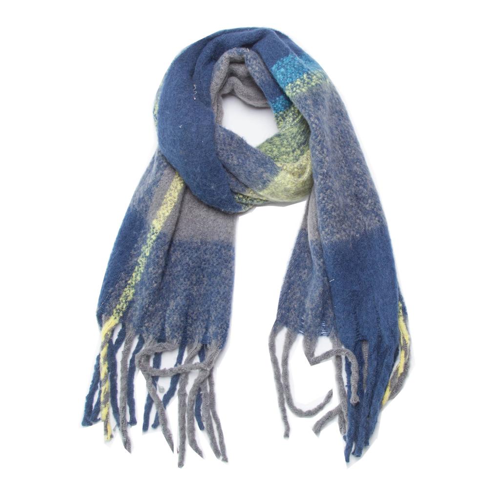 Autumn Winter Imitation Mohair Color Block Plaid Thick Fringe Scarf Shawl