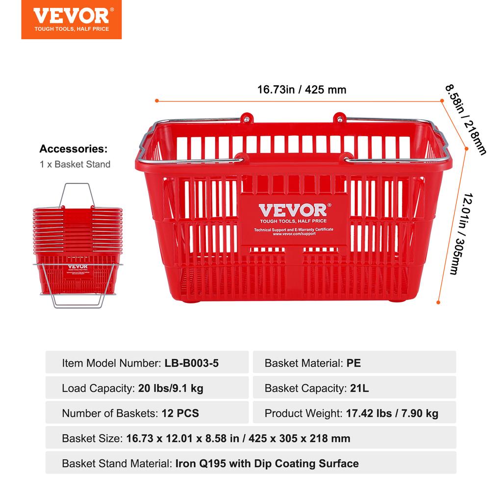 SucceBuy 12PCS Shopping Basket 21L with Metal Handle & Stand Portable Plastic Shop Grocery Basket for Store Supermarket Grocery