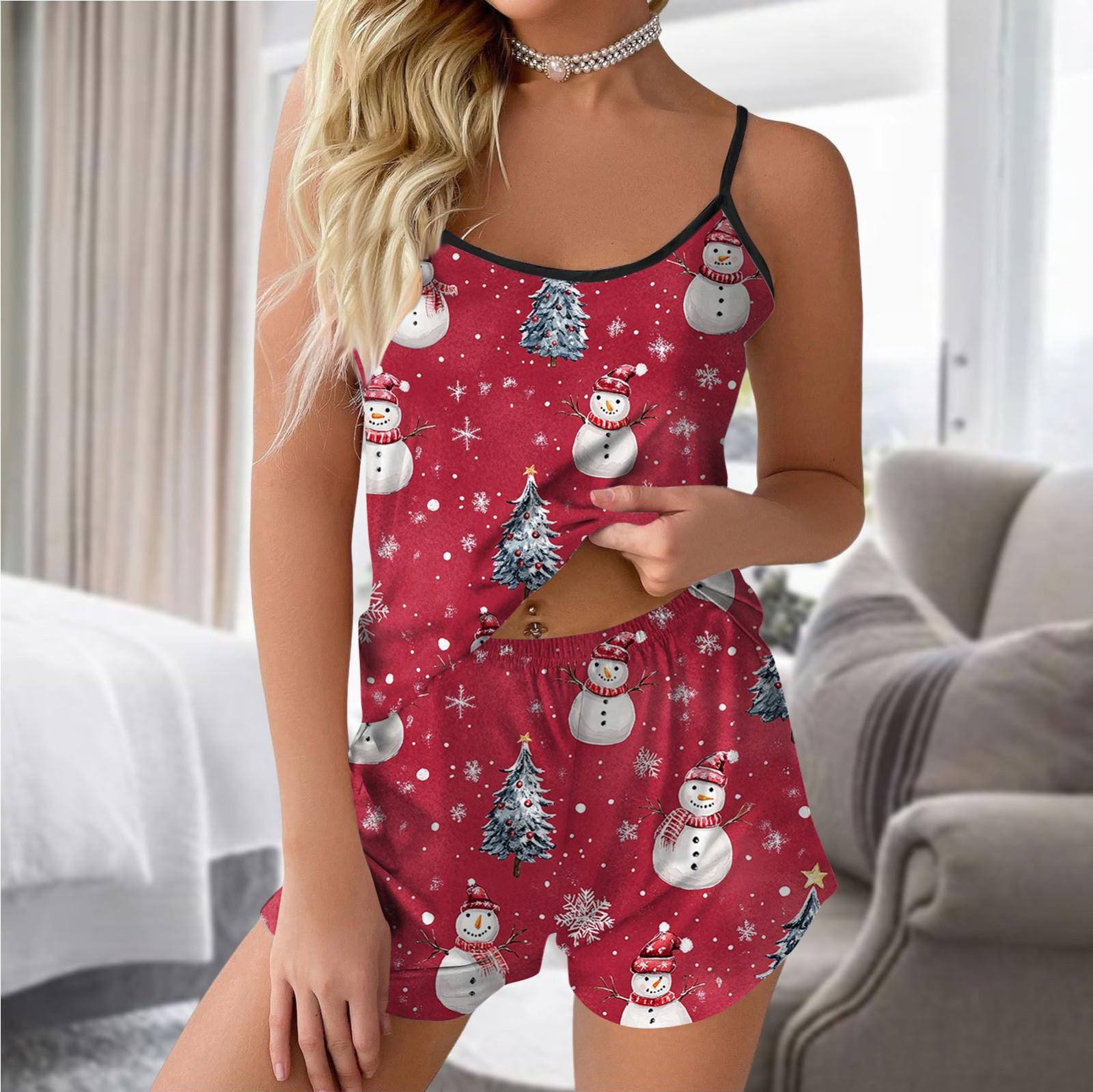 

Женская мода повседневный безрукавный топ шорты пижамный комплект с рождественским принтом L киноварь