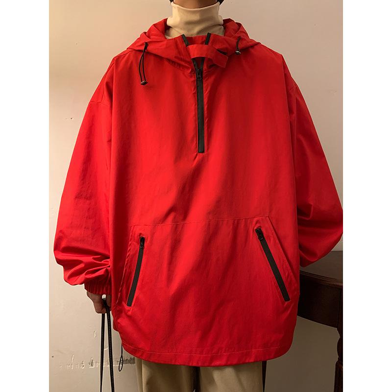 

Spring and Autumn Men s Solid Color Loose Hooded Semi-Zipper Jacket Men s Large Size Teen Top Jacket 5XL красный
