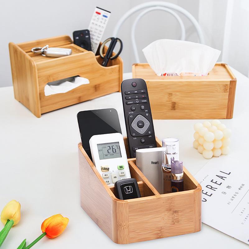 Organisateur de bureau en bambou et bois avec tiroirs pour téléphones, cosmétiques et télécommandes