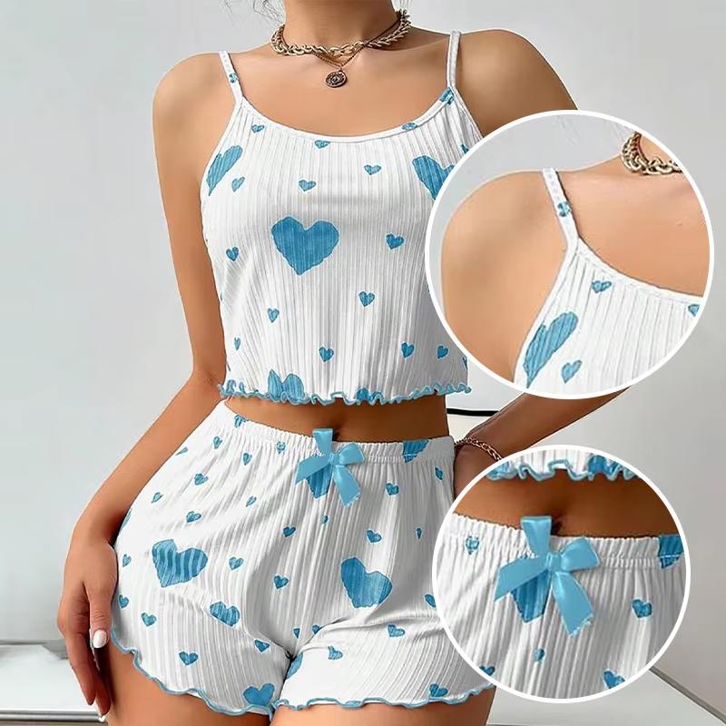 SummerWomen's Pajama Set Breathable Soft Casual Love Printed Design Sweet Home Strap Shorts Pajamas