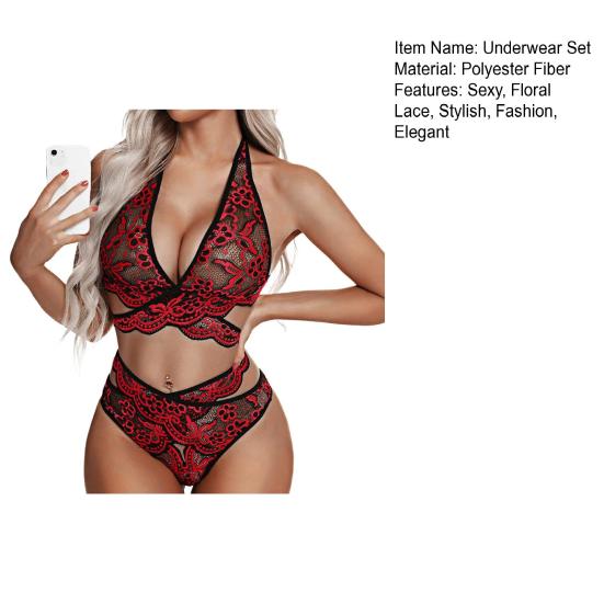 Sexy Lace Underwear Set Floral Lace Bralette And Panty Babydoll Outfits Halter Bra V Waist Briefs Women 2 Piece Underwear Set