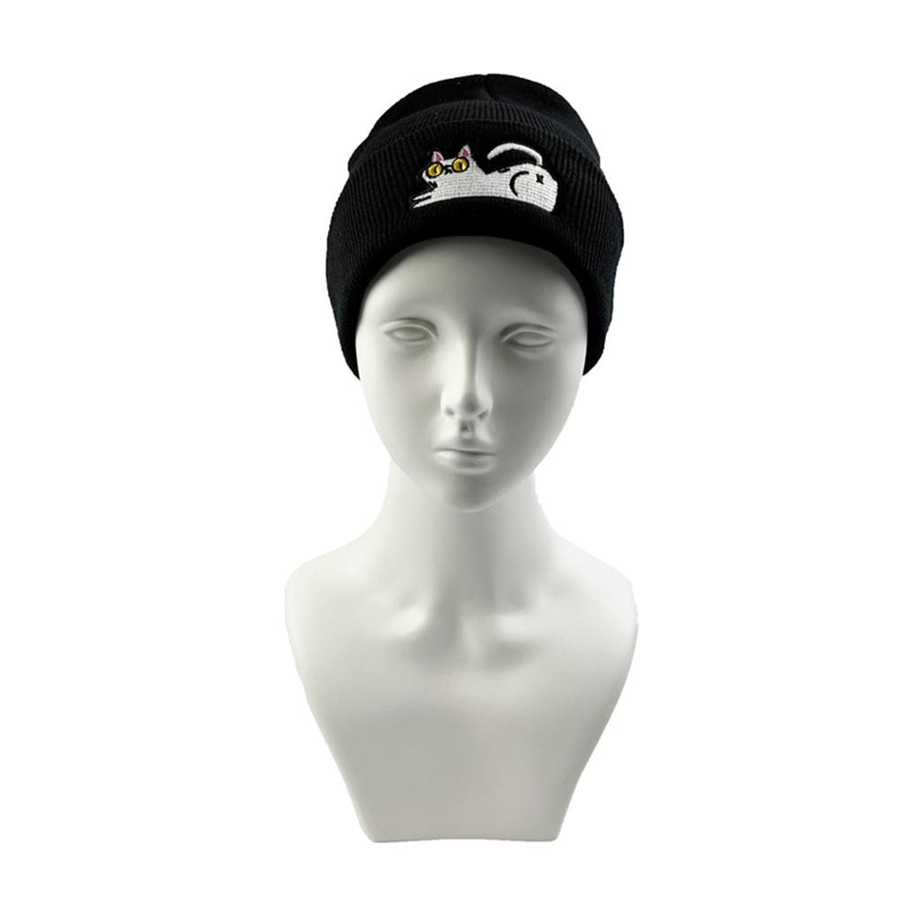 1 Stück Neue modische Unisex-Mütze mit Cartoon-Katzenstickerei, Strickmütze, warm, Herbst/Winter, Skullies-Mütze, Hip-Hop-Mütze, Schwarz