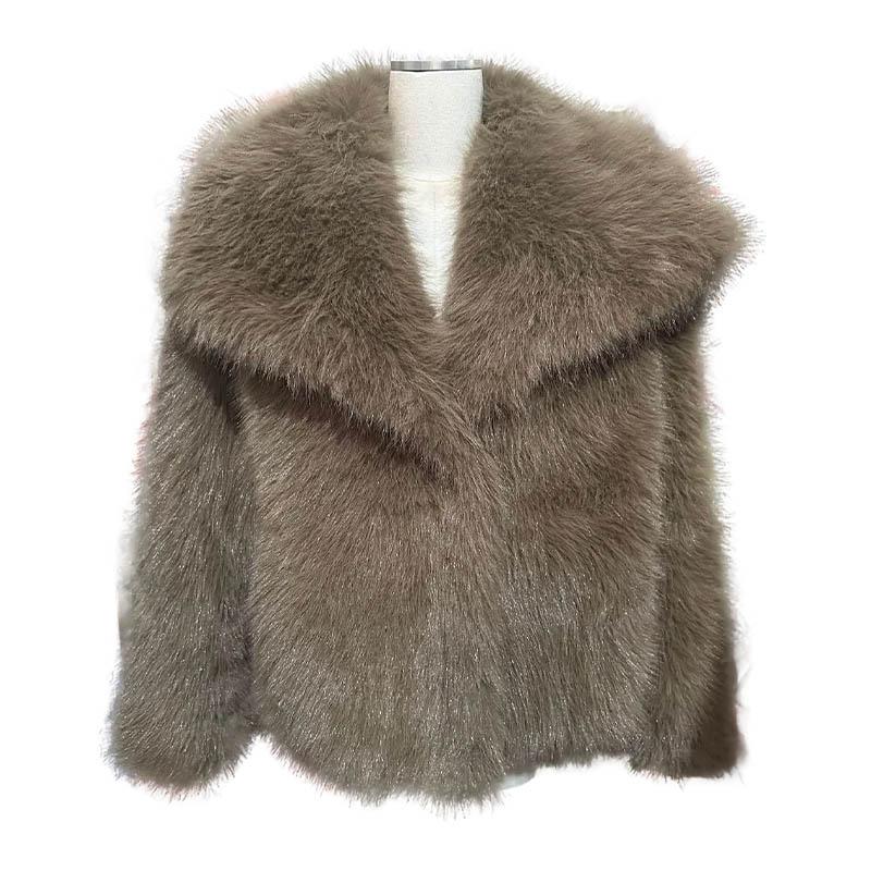Women Fashion Cropped Faux Fur Jacket Coat Long Sleeve Front Snap-button Female Outerwear Chic Lapel Collar Thick Coat