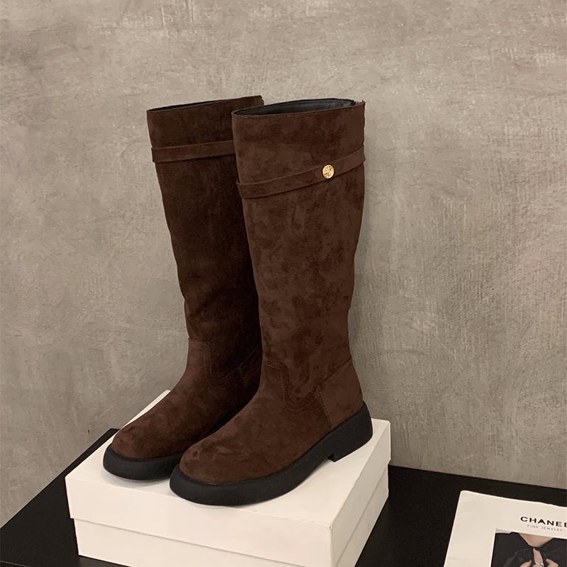 Fashion Winter Vintage Women Western Cowboy Boots Fashion Belt Buckle Slip On Female Knight Long Booties